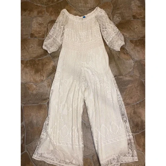 Farm Rio Elliot Boho Off the Shoulder Crochet Wide-Leg Jumpsuit- White, Size XS - Picture 5 of 6